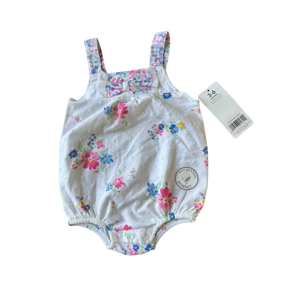 Emily and Oliver Baby Girls Floral Swiss Dot Bubble Romper with Bonnet 3-6M